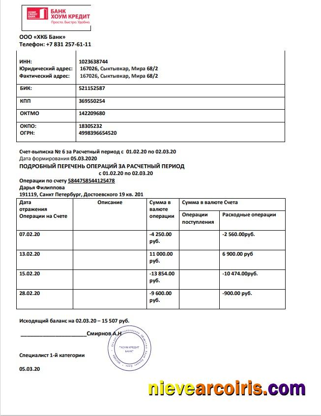 Russia Home Credit bank statement in Word and PDF format, good for address prove